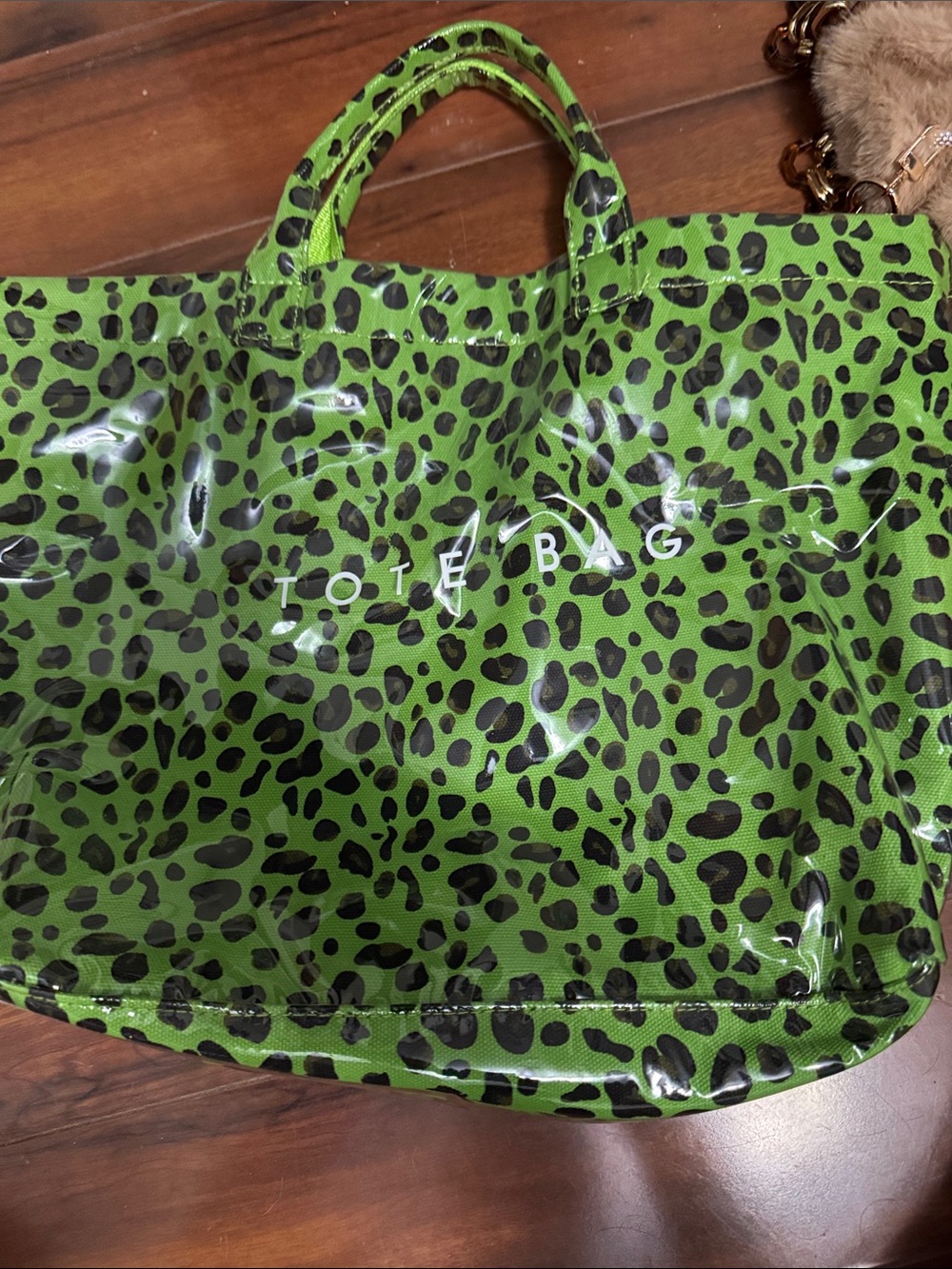 Green Leopard Print Tote Bag with Glossy Finish